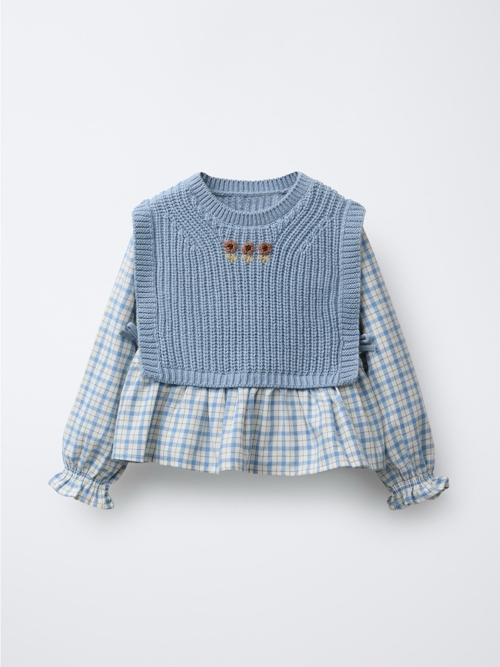 Zara EMBROIDERED KNIT VEST AND CHECK SHIRT SET Girls Blue Top 4